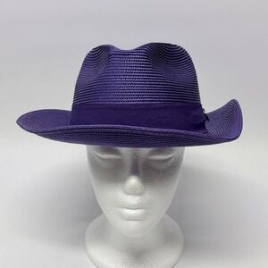 Bruno Capelo Francesco Collection Purple Straw Fedora Hat Medium Lion Pin Mens